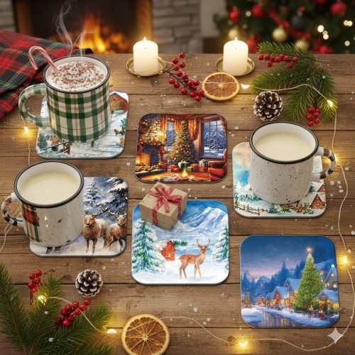 Podkładki pod kubek – zimowe i świąteczne pejzaże, zestaw 6 szt.