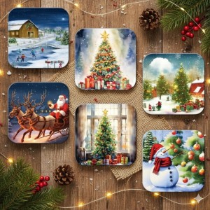 Podkładki pod kubek – świąteczne ilustracje, zestaw 6 szt.