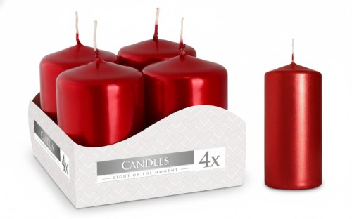 Świeca walec CZERWONY METALIK - wys. 6cm (4 sztuki w zestawie)