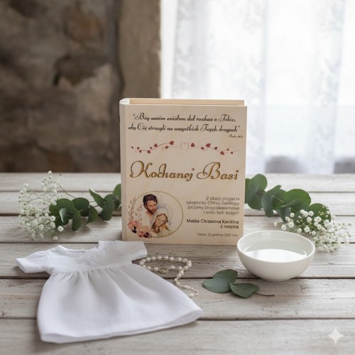 Zestaw prezentowy na Chrzest – Biblia i pudełko drewniane z nadrukiem UV