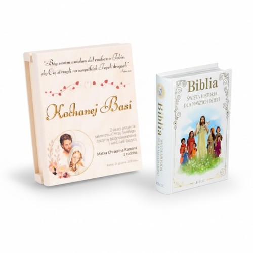 Zestaw prezentowy na Chrzest – Biblia i pudełko drewniane z nadrukiem UV