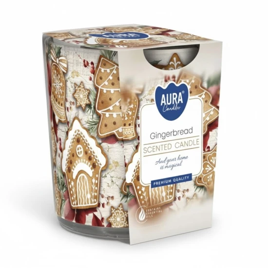 Świeca zapachowa GINGERBREAD w szkle z wzorem "Świąteczny Piernik"