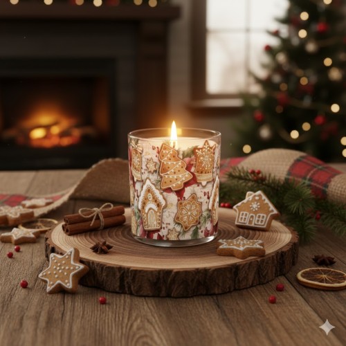 Świeca zapachowa GINGERBREAD w szkle z wzorem "Świąteczny Piernik"