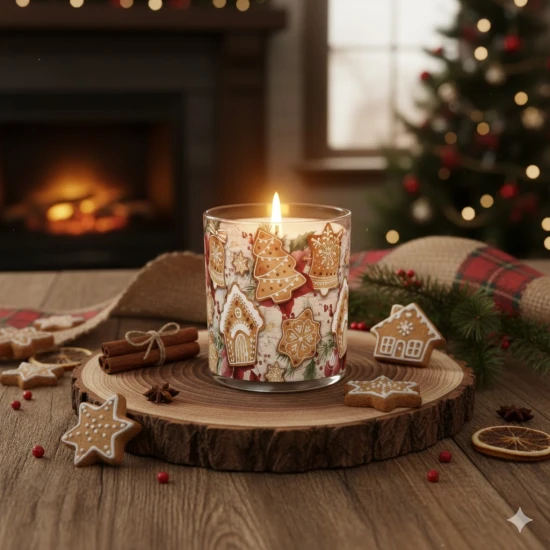 Świeca zapachowa GINGERBREAD w szkle z wzorem "Świąteczny Piernik"