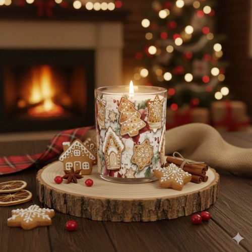 Świeca zapachowa GINGERBREAD w szkle z wzorem "Świąteczny Piernik"