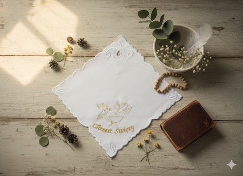 Szatka do Chrztu – chusteczka z haftem Richelieu  - złoty haft