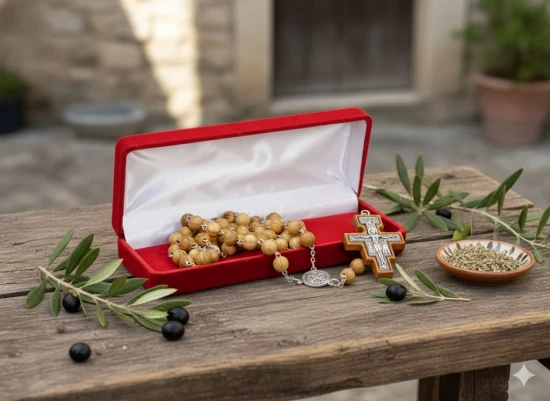 Różaniec z drzewa oliwnego z krzyżem San Damiano