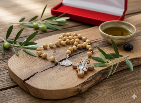 Różaniec z drzewa oliwnego z krzyżem San Damiano i medalem św. Benedykta