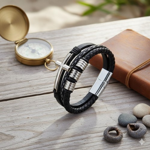 Bransoletka skórzana z krzyżem z zapięciem magnetycznym