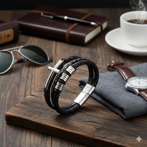 Bransoletka skórzana z krzyżem z zapięciem magnetycznym