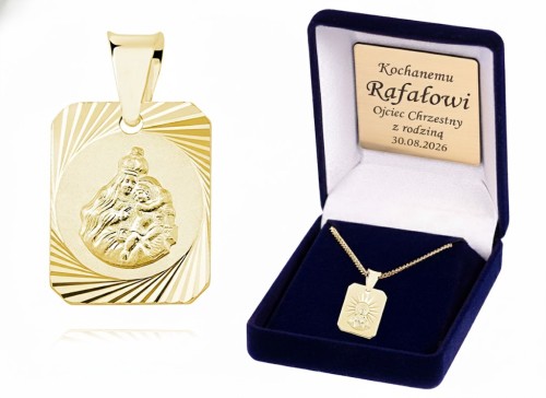Złocony medalik Szkaplerzny z Sercem Jezusa na łańcuszku (pr. 925) – komplet z dedykacją
