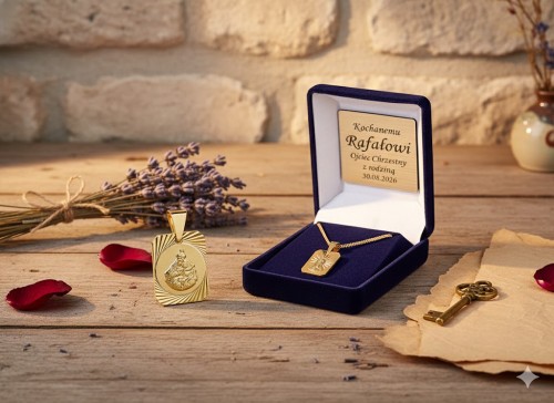 Złocony medalik Szkaplerzny z Sercem Jezusa na łańcuszku (pr. 925)