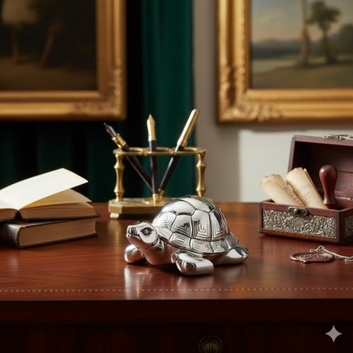 Figurka żółwia w kolorze srebra – symbol wytrwałości i ochrony