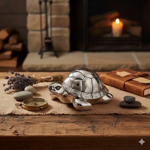 Figurka żółwia w kolorze srebra – symbol wytrwałości i ochrony