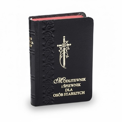 Modlitewnik i śpiewnik Jezus, Maryja, Józef w czarnej oprawie ze złoceniami.