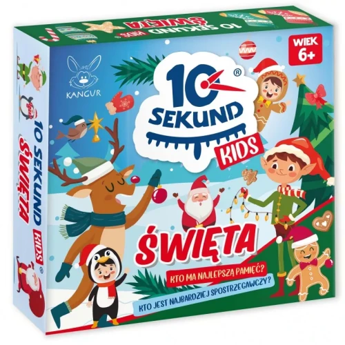 Pudełko gry „10 Sekund KIDS – Święta” z kolorowymi, świątecznymi ilustracjami.