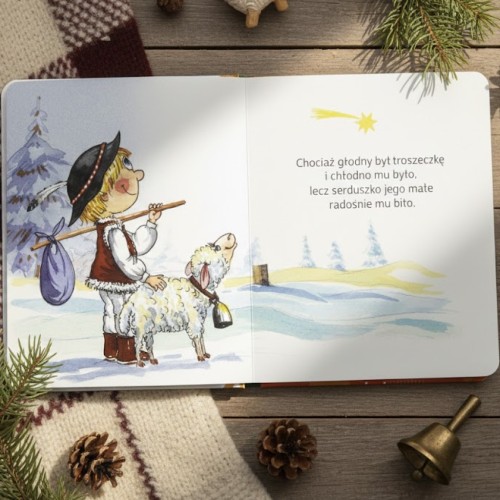 Wnętrze książeczki z wierszowanym tekstem i kolorowymi ilustracjami dla dzieci.