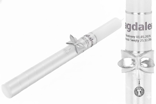 Ręcznie zdobiona świeca do Chrztu z imieniem dziecka i srebrnym medalikiem św. Benedykta.