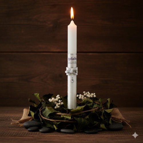 Świeca chrzcielna z personalizacją i symbolem światła Chrystusa, idealna na uroczystość Chrztu.