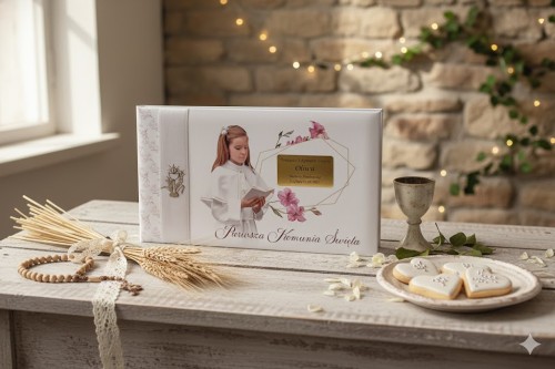 Złota tabliczka z personalizowaną dedykacją na okładce pamiątki