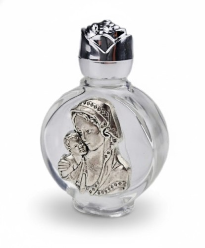 Mini buteleczka na wodę święconą z emblematem Matki Bożej z Dzieciątkiem.