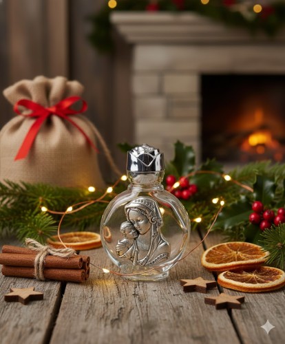 Korek w kształcie róży papieskiej zdobiący buteleczkę na wodę święconą.