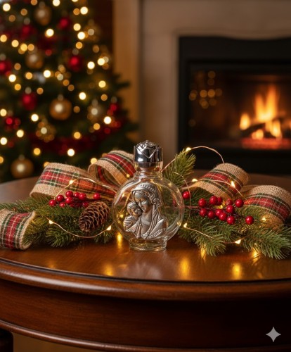 Detal metalowego wizerunku Matki Bożej umieszczonego na szklanym pojemniku.