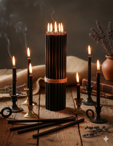 Czarne ofiarki cerkiewne ułożone na stole – świece do liturgii i domowego ołtarzyka