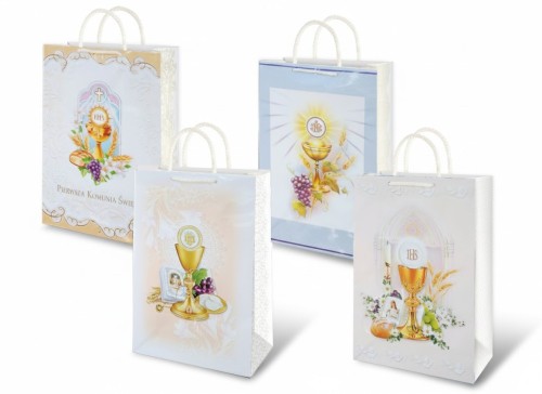 Wzmocniona torba lakierowana A4 – trwała, błyszcząca torebka z uchwytami sznurkowymi, doskonała do zapakowania komunijnego upominku.