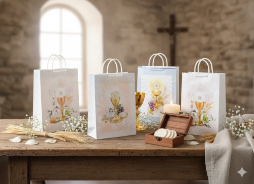 Delikatna torba prezentowa w pastelach – subtelne barwy i symboliczne grafiki idealnie komponują się z prezentem na Pierwszą Komunię Świętą.