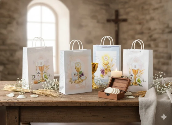 Delikatna torba prezentowa w pastelach – subtelne barwy i symboliczne grafiki idealnie komponują się z prezentem na Pierwszą Komunię Świętą.