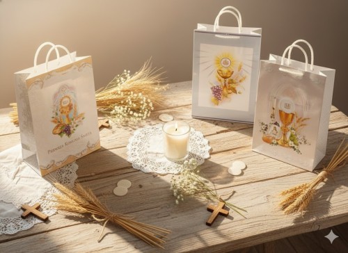 Torba komunijna z kielichem i Hostią – elegancki motyw Eucharystii z kłosami i winogronami podkreśla sakramentalny charakter uroczystości.