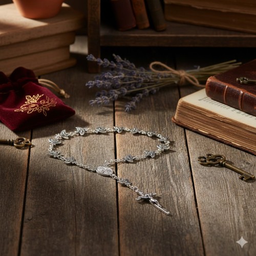 Różaniec zapinany prezentowany w aranżacji rustykalnej — idealny pomysł na duchowy prezent z okazji Bierzmowania.