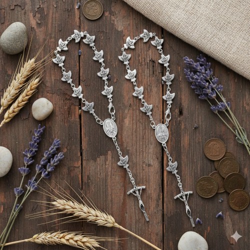 Różaniec zapinany prezentowany w aranżacji rustykalnej — idealny pomysł na duchowy prezent z okazji Bierzmowania.