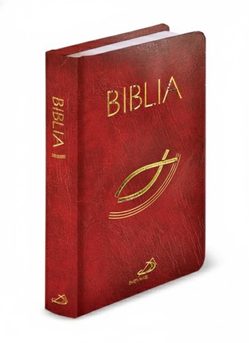 Biblia w eleganckiej czerwonej oprawie Balacron z symbolem rybki na okładce.