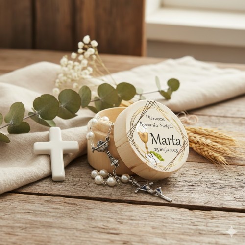 Detal łącznika kielicha IHS – symbol Eucharystii na różańcu.