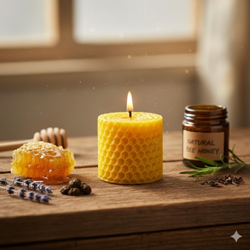 Po zapaleniu świeca emituje wyjątkowo jasny, miodowy blask i subtelny zapach propolisu – idealny do modlitwy, relaksu i domowego ołtarzyka.