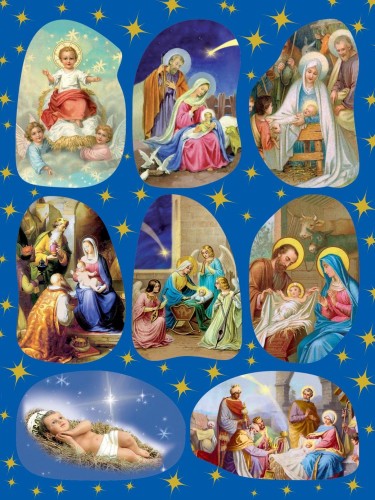 Arkusz naklejek Bożonarodzeniowych z ośmioma kolorowymi scenami Narodzenia Jezusa, gotowy do ozdobienia prezentów i kartek świątecznych.