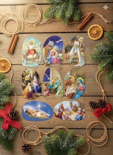 Dzieciątko Jezus w żłóbku – klasyczny motyw świąteczny w ciepłych barwach, idealny do dekoracji.