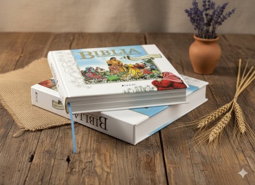 Książka w kwadratowym formacie 220 × 220 mm, z barwną oprawą i ilustracjami, zachęca najmłodszych do samodzielnego odkrywania biblijnych historii.