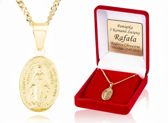 Elegancki zestaw biżuterii sakralnej wykonany ze srebra próby 925, pokrytego złotem. Ponadczasowy symbol wiary i opieki Maryi – idealny prezent z okazji Chrztu, Komunii lub Bierzmowania.