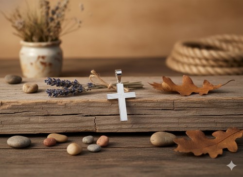 Delikatne nacięcia tworzą subtelny ornament, który dodaje krzyżykowi elegancji, nie odbierając mu sakralnej prostoty.