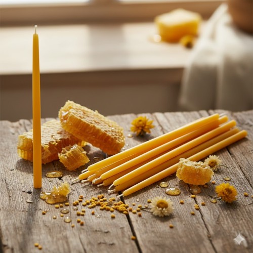 Świece wykonane w 25% z naturalnego wosku pszczelego, którego ciepły aromat miodu i propolisu nadaje przestrzeni modlitwy wyjątkowy klimat.