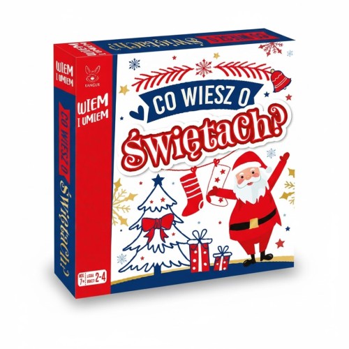 Plansza przedstawia świąteczne motywy i przestrzeń do rywalizacji. Gracze poruszają pionkami, odpowiadając na pytania związane z tradycjami i symboliką świąt.