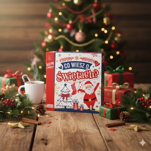 Plansza przedstawia świąteczne motywy i przestrzeń do rywalizacji. Gracze poruszają pionkami, odpowiadając na pytania związane z tradycjami i symboliką świąt.