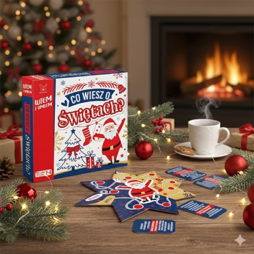 Plansza przedstawia świąteczne motywy i przestrzeń do rywalizacji. Gracze poruszają pionkami, odpowiadając na pytania związane z tradycjami i symboliką świąt.