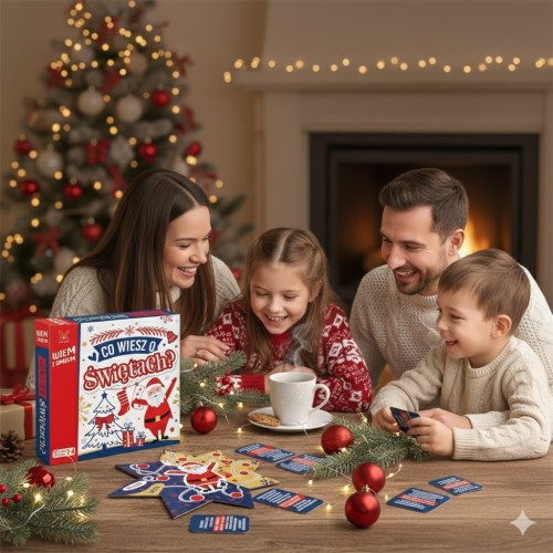Plansza przedstawia świąteczne motywy i przestrzeń do rywalizacji. Gracze poruszają pionkami, odpowiadając na pytania związane z tradycjami i symboliką świąt.