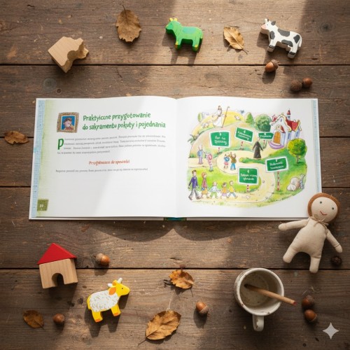 Barwne ilustracje pomagają dziecku zrozumieć treść sakramentu pokuty i oswoić się z tematem pierwszej spowiedzi.
