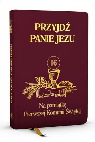 Elegancka bordowa oprawa nadaje modlitewnikowi uroczysty charakter, czyniąc go piękną pamiątką Pierwszej Komunii Świętej.
