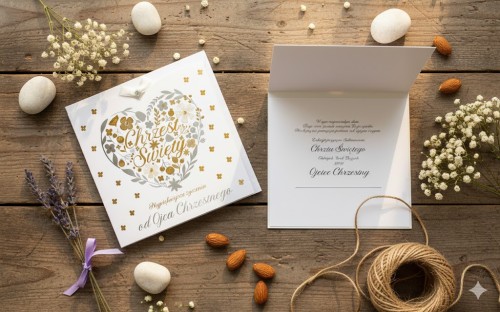 Wewnątrz karnetu znajdują się gotowe, pięknie sformułowane życzenia od Ojca Chrzestnego, które wyrażają miłość, troskę i duchową odpowiedzialność.